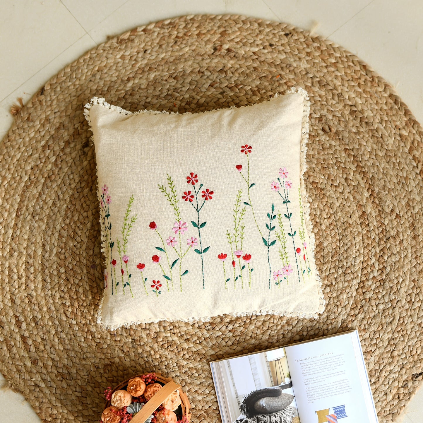 Little Blooms Hand-Embroided Cushion Cover | Buy One, Get One FREE