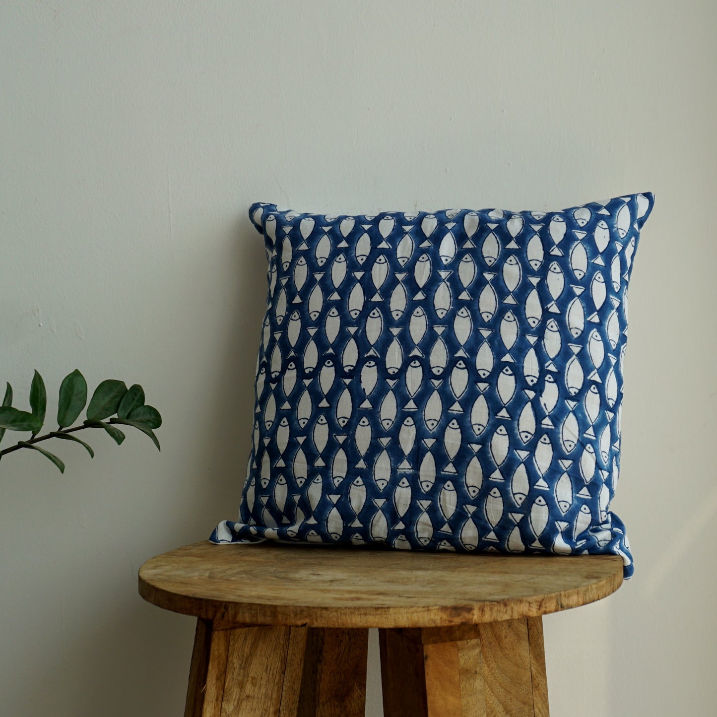 Hand Block Print Cushion Cover | Fishes Blue