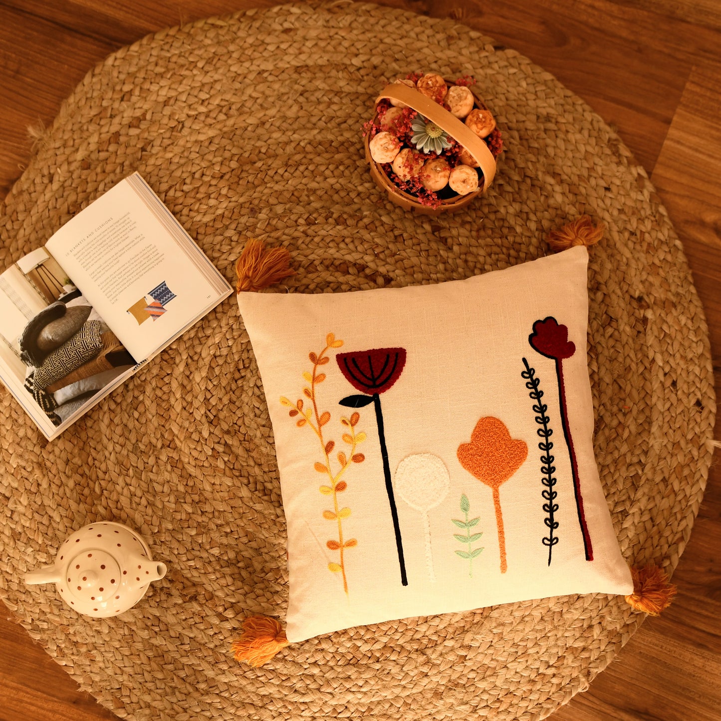 Flowers Hand-Embroided Cushion Cover | Buy One, Get One FREE