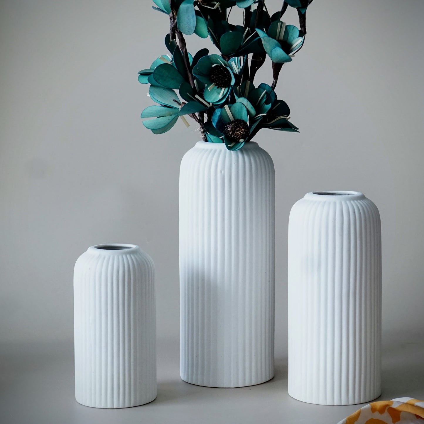Ribbed White Ceramic Vases | Set of Three