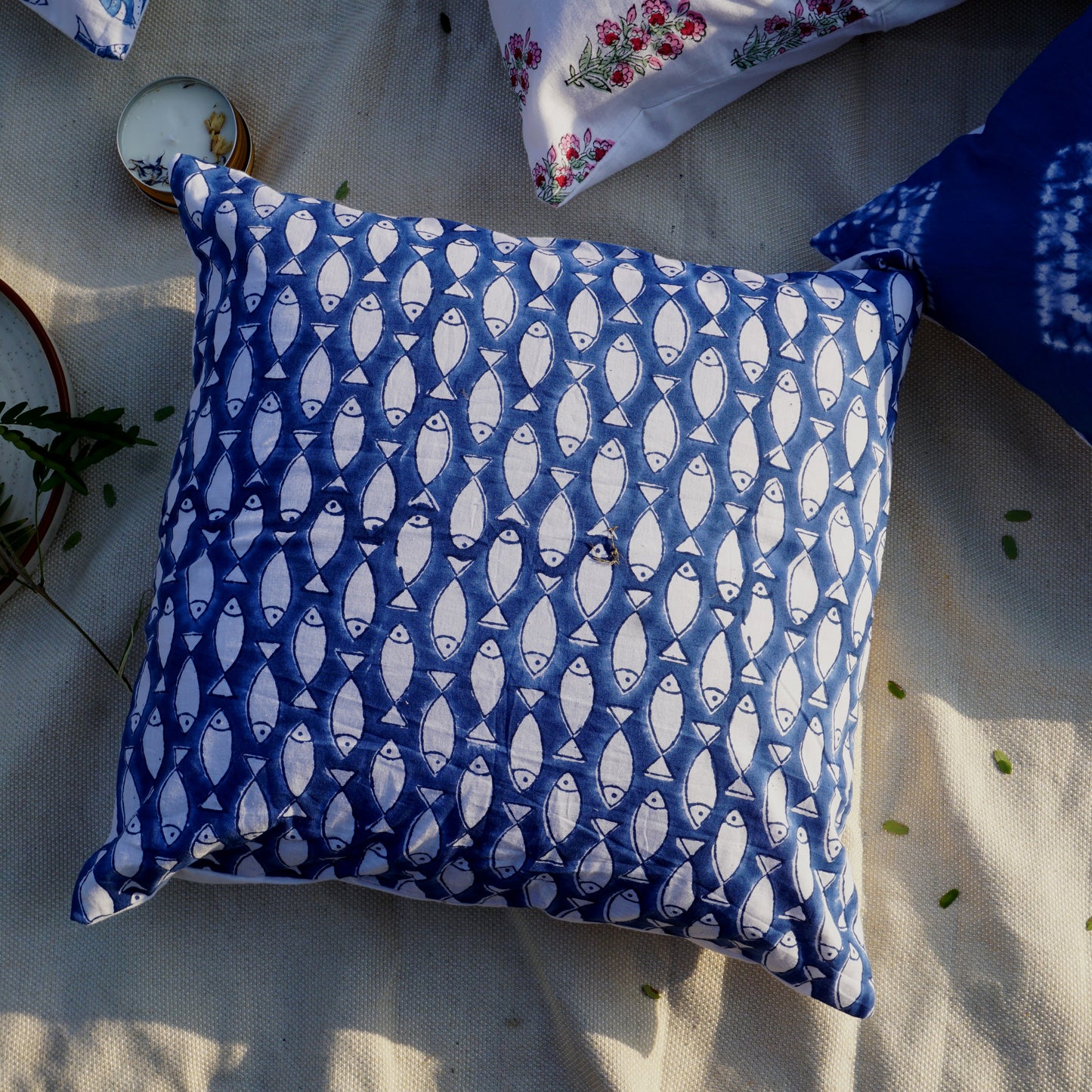 Hand Block Print Cushion Cover | Fishes Blue